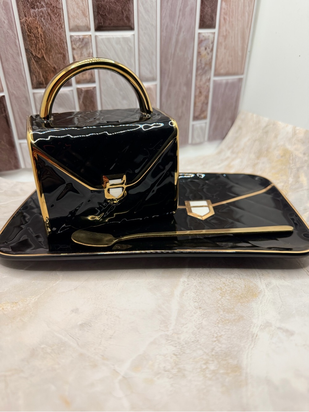 Elegant Black & Gold Mug, Tray & Spoon Set ✨